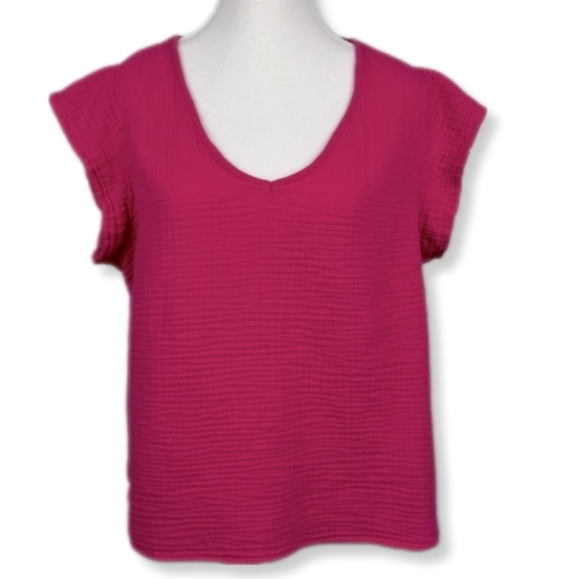 Three Dots Double Gauze Flutter Sleeve Top in Fushsia Size XL MSRP $138 W-538 - Picture 2 of 13